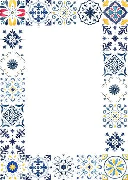 Watercolor classical frame consisting of blue, red elements and Mediterranean Stock Illustration