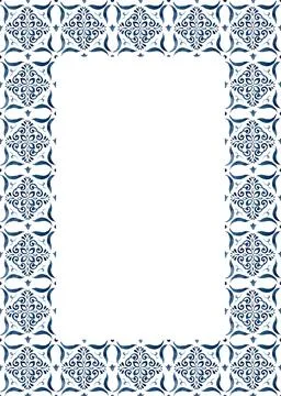 Watercolor classical frame consisting of blue elements and Mediterranean tiles Stock Illustration