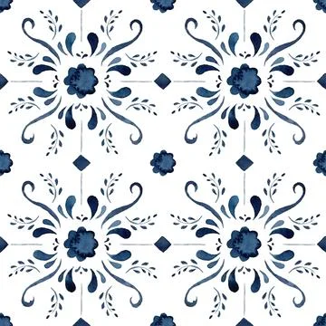 Watercolor classical seamless pattern consisting of blue Mediterranean tiles  Stock Illustration