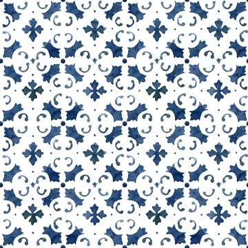 Watercolor classical seamless pattern consisting of blue elements and Stock Illustration