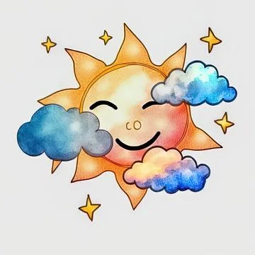 Watercolor cloud, sun, moon, star 2d illustrated cartoon style Stock Illustration