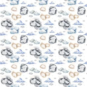 Watercolor clouds, seamless pattern on a white background, sky, blue sky, gentle Illustrazione stock
