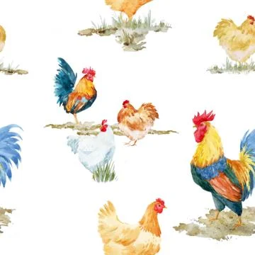 Watercolor cock rooster pattern Stock Illustration