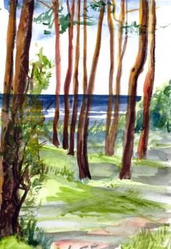 Watercolor colored pine pattern against the blue sea Stock Illustration