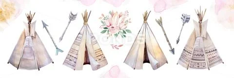 Watercolor colorful ethnic set of teepee and flowers bouquets in native American Stock Illustration