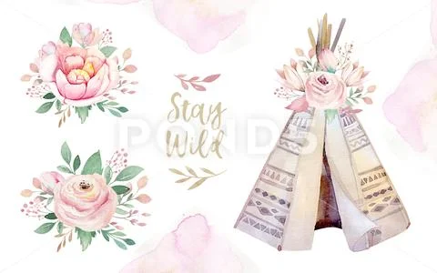Watercolor colorful ethnic set of teepee and flowers bouquets in native American Stock Illustration