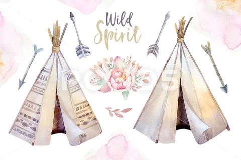 Watercolor colorful ethnic set of teepee and flowers bouquets in native American Stock Illustration