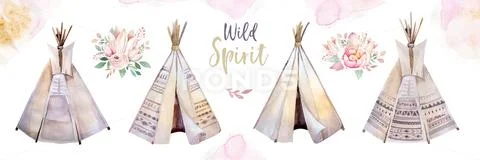 Watercolor colorful ethnic set of teepee and flowers bouquets in native American Stock Illustration
