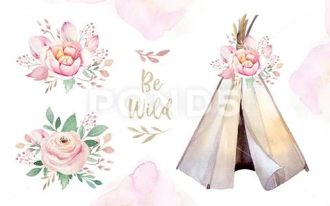 Watercolor colorful ethnic set of teepee and flowers bouquets in native American Stock Illustration