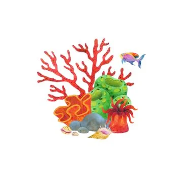Watercolor composition with algae corals and fish. 스톡 일러스트