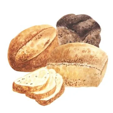 Watercolor composition with bread and rolls isolated on white. Hand drawn Stock Illustration