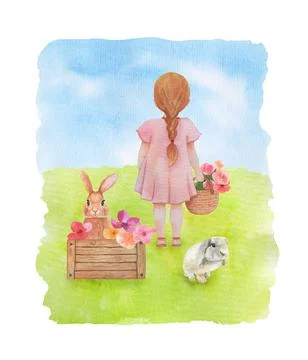 Watercolor composition for Easter Spring greeting card. Cute illustration of Stock Illustration