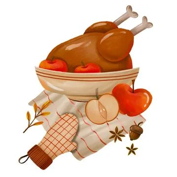 Watercolor composition featuring a roasted holiday turkey served with red a.. Stock Illustration