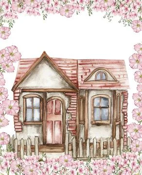 Watercolor composition of an old wooden farm house and flowers . Hand drawn i Stock Photos