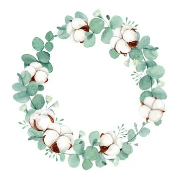 Watercolor cotton flower and eucalyptus floral wreath Stock Illustration