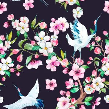 Watercolor crane with flowers pattern Stock Illustration