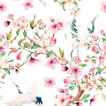 Watercolor crane with flowers pattern Stock Illustration