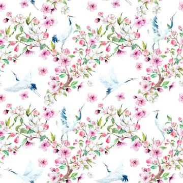 Watercolor crane with flowers pattern Stock Illustration
