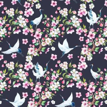 Watercolor crane with flowers pattern Stock Illustration