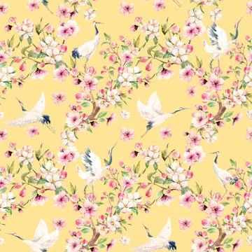 Watercolor crane with flowers pattern Stock Illustration