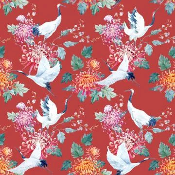 Watercolor crane pattern Stock Illustration