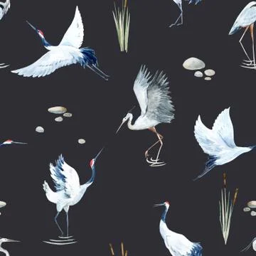 Watercolor crane pattern Stock Illustration