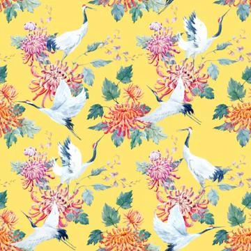 Watercolor crane pattern Stock Illustration