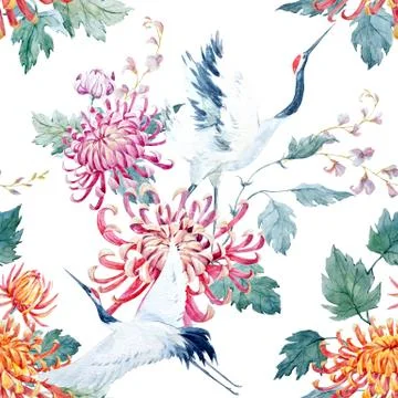 Watercolor crane pattern Stock Illustration