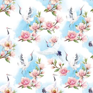 Watercolor crane pattern 스톡 일러스트