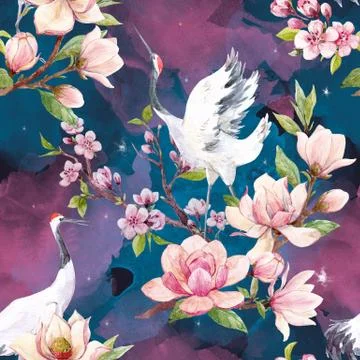 Watercolor crane pattern Stock Illustration