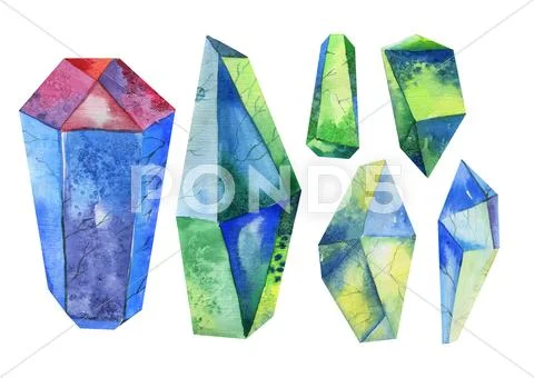 Watercolor crystal, mineral, gem set Stock Illustration