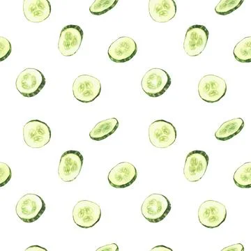 Watercolor cucumber slices seamless pattern. Fresh sliced vegetable, cut Stock Illustration
