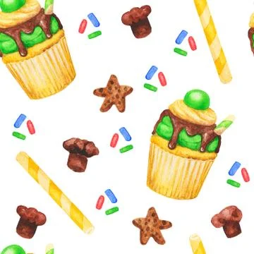 Watercolor cupcake sweets seamless pattern, fairy cake isolated on a white ba Stock Illustration
