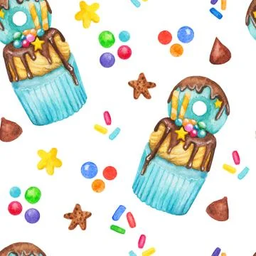 Watercolor cupcake sweets seamless pattern, fairy cake isolated on a white ba Stock Illustration