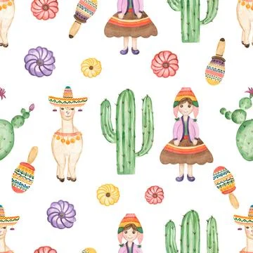 Watercolor cute alpaca seamless pattern. Cacti digital paper, cactus, brigh.. Stock Illustration