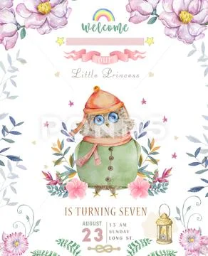 Watercolor Cute Cartoon Owl. Cute Baby Greeting Card. Boho Flowers And Floral