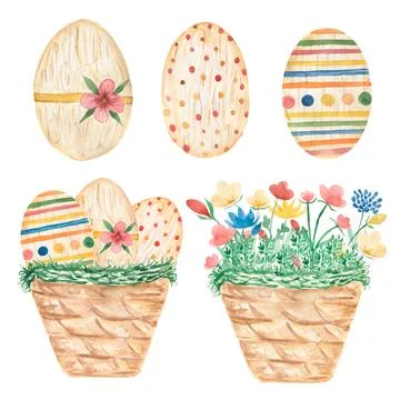 Watercolor cute ester eggs set illustration, wildflowers clip art, egg in t.. Stock Illustration