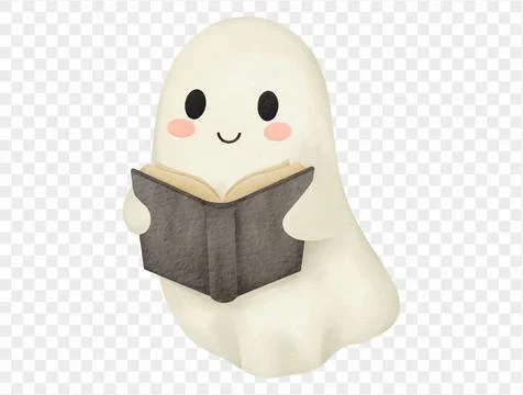Watercolor cute ghost reading book, cozy Halloween art for kids.vector Stock Illustration