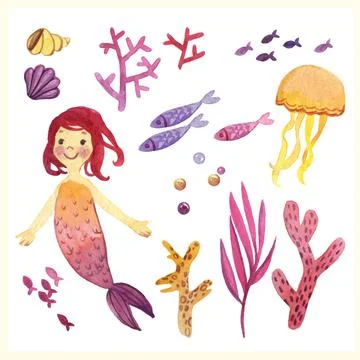Watercolor cute set with elements of the underwater world and cartoon mermaid Stock Illustration