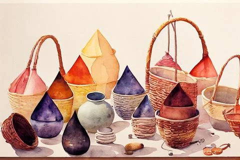 Watercolor decor elements. Hand drawn jug, wicker basket and flower pot. 库存插图