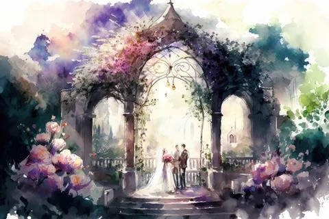 Watercolor depiction of a wedding preparation and the heaven garden. Generative Stock Illustration