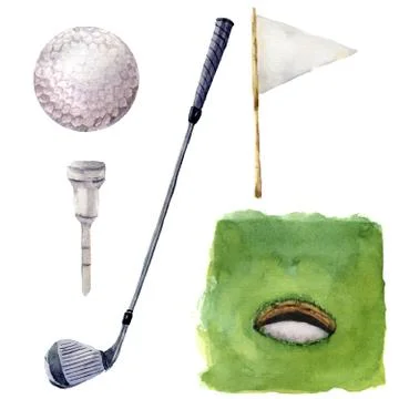 Watercolor different golf elements set. Golf illustration with Hole Course, tee Stock Illustration
