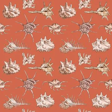 Watercolor digital illustration seamless pattern of seashells from brown marine Stock Illustration