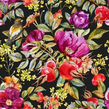 Watercolor dogrose pattern Stock Illustration