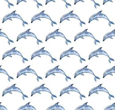 Watercolor Dolphins background. Hand painted watercolor pattern with stylized Stock Illustration
