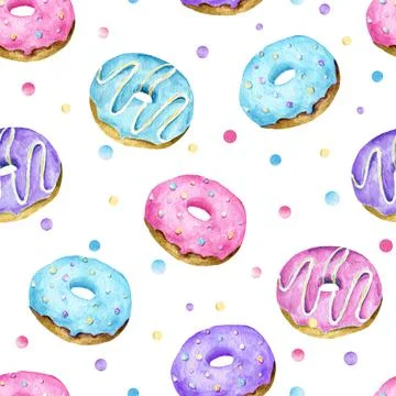 Watercolor donut sweets seamless pattern. Stock Illustration