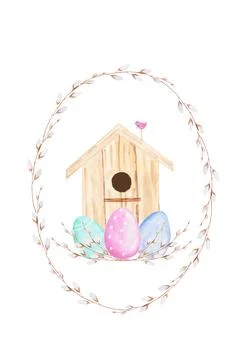 Watercolor drawing Easter card template with a cute house in a round frame of Stock Illustration