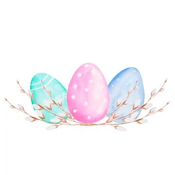 Watercolor drawing of Easter eggs with willow branches. tender fluffy willow and Stock Illustration