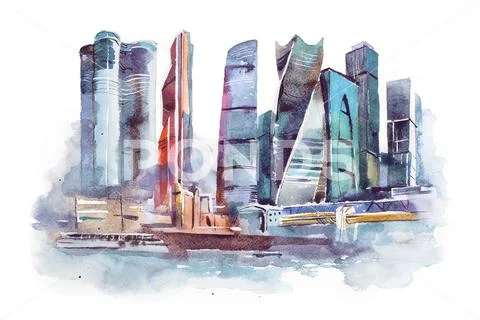 Watercolor drawing of Moscow city. International Business Center aquarelle Stock Illustration