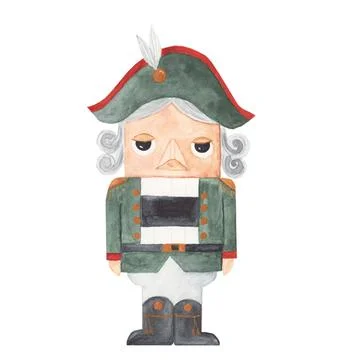 Watercolor drawing of a nutcracker. Christmas tree toy soldier in vintage style Stock Illustration